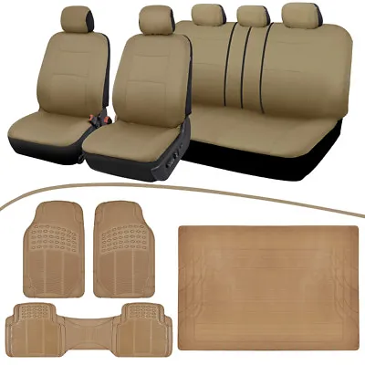 Complete Set Car Seat Covers Rubber Floor Mats & Runner Cargo Liner Beige • $65.90