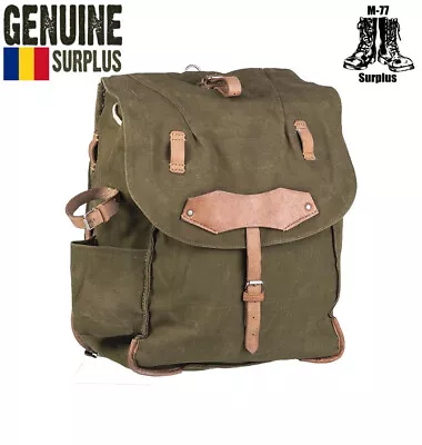 Vintage Romanian Army OD Rucksack W/ Leather Shoulder Straps And Trim Backpack • $39.99