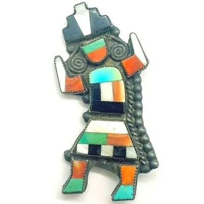 Vintage Zuni Native American Silver Rainbow Dancer Turquoise Corral Stone Brooch • $750
