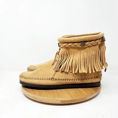 Minnetonka Ankle Boots Womens 6.5 Mocassin Fringe Braided Hi Top Shoes Boho • $29.95