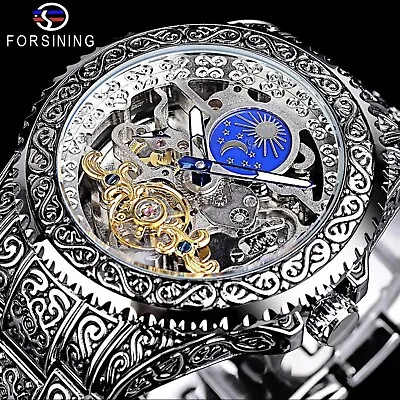 Forsining Skeleton Carved Tourbillon Mechanical Watches Moon Dial Mens Watch • $41