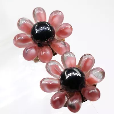 Vintage 1950’s Western Germany Earrings Givre Pink / Clear Glass Beaded Flower • $29.99