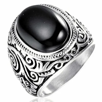 Stainless Steel Mens Oval Black Onyx Ring Size 7 8 9 10 11 12 13 14 15 Gift • $15.12