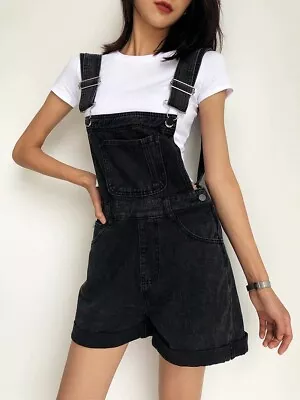 Womens Retro Denim Suspender Shorts Fashionable Pocket Rolled Edge Hot Pants • $37.65