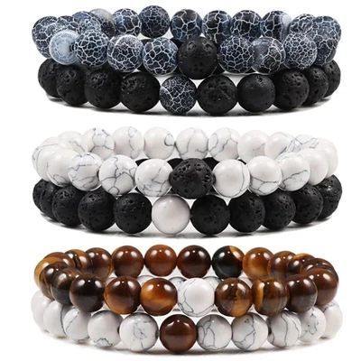 £8.68 • Buy Set Stone Tiger Eye Beaded Elastic Black Couples Wrist Bracelet Womens Mens Gift