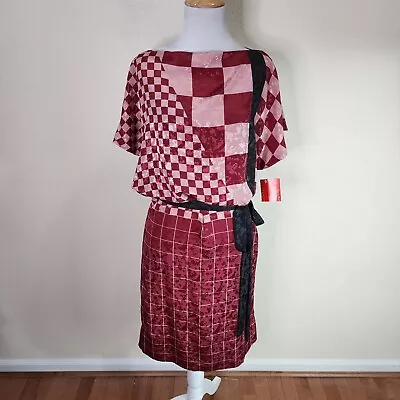 Vintage Halston III Blouson Dress Burgundy Pink Checkered Print Size Medium NWT • $45