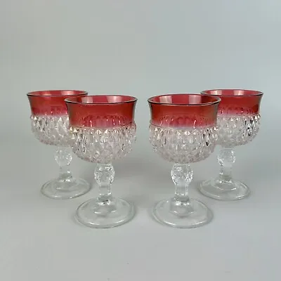 Vintage Indiana Glass Ruby Flashed Diamond Point 5 1/4  Wine Goblets Set Of 4 • $20.90