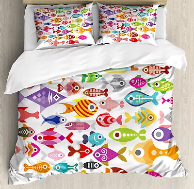 Kids Duvet Cover Set With Pillow Shams Colorful Aquarium Fishes Print • $69.99