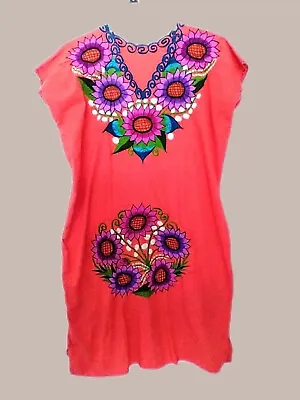 Mexican Embroidered Floral Women's Dress L XL Coral New Peasant  • $39.99