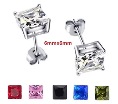 6mm Men Women Sterling Silver Post Square Cubic Zirconia Stud Earrings PE23 • $4.95