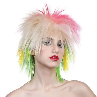Ladies 80's Bright Colour Hair Rocker Punk Spikey Wig Blonde Ladies Mens Rave BN • £10.67