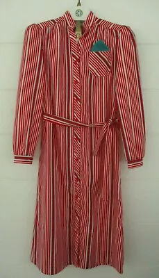 Vtg Breli Originals Button-Up Midi Dress Bold Red Stripe Sz 10 Long Sleeve Tie • $29.99