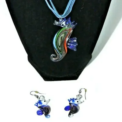 Seahorse Lampwork Glass Necklace & Earrings Set Blue Sea Horse Nautical Ocean • $22.49