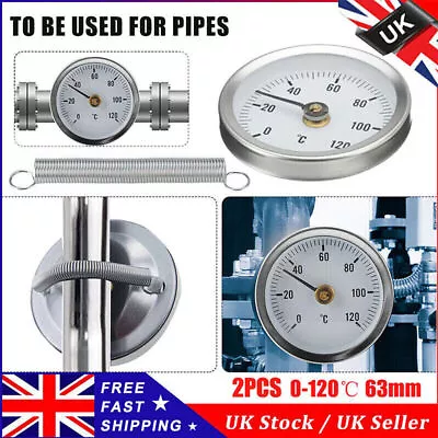 £8.99 • Buy 2x Pipe Thermometer Temperature Gauge Clip On Spring 0-120℃ 63mm Hot Water Dial