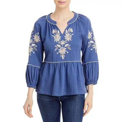 Cupio Womens Blue Embroidered Mandarin-Collar Pullover Top Blouse L BHFO 3645 • $8.99