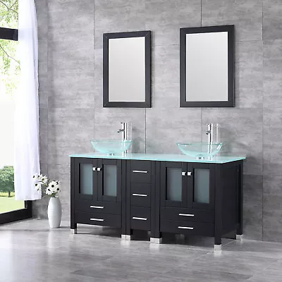 60 Inch Bathroom Vanity W/ Clear Glass Basin Double Cabinet W/ Sink Top • $1049.99