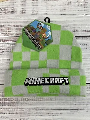 Minecraft Embroidered Green Gray Check Cuffed Beanie New • $14.40
