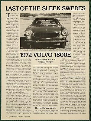 Volvo 1972 1800E GT Coupe Profile Specs Vintage Pictorial Article 1986 • $16.95