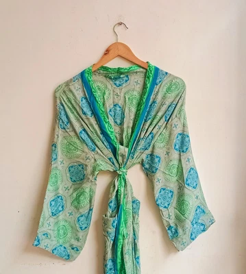 $57.37 • Buy Indian Green Silk Night Kimonos Silk Bath Robe Women's Clothing Silk Kimono AU
