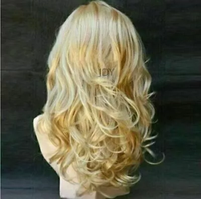 Women's Wavy Full Wig Ombre Gold Long Hair Wig Blonde Wig Curly Real Hair • £11.55