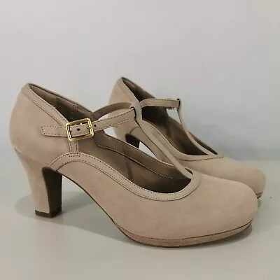 CLARKS Suede Chorus Tempo T Bar High Heel Shoes Size 6E Beige NEW • £33.50