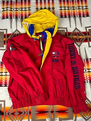 Tommy Hilfiger Vintage 90s Arm Spell Out Jacket Windbreaker Hoodie XL Red • $48