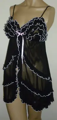 £12.95 • Buy Black White Ruffle Frill Open Front Negligee Size 10/12 Chemise Sheer Stretchy