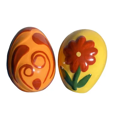 $6.37 • Buy Vintage Hand Painted Ceramic Easter Eggs Pink Purple Yellow Swirl - Lot Of 2