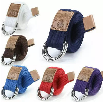 Men Women Canvas Double D Ring Belts Fabric Webbing Waist Belt Strap Waistband • £8.83