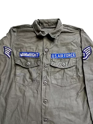 OG 107 OD Sateen Cotton Fatigue Shirt Vietnam War 1960 70s Xl USAF Patches • $39.99