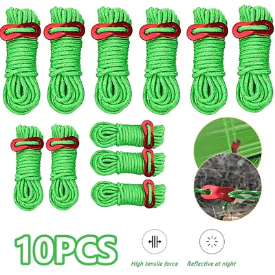 10 Pack Reflective Tent Guy Ropes Tent Guide Lines Cord With Tensioners Adjuster • £9.89