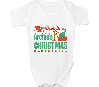 Personalised First Christmas Baby Grow 1st Xmas Sleepsuit Santa Sleigh Gift • £3.99