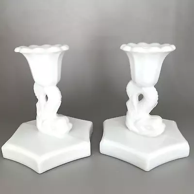 Pair  Of Vintage Westmoreland White Milk Glass Koi Fish Candlestick Holder 4  • $17