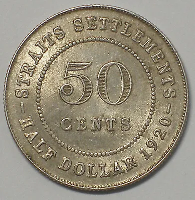 Beautiful High Grade 1920 Straits Settlement 50 Cents Silver Coin Malaysia • $24.99