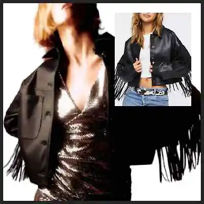 NEW! ZARA Black Vegan Leather Fringe Jean Jacket Style Coat Large. • $94.95