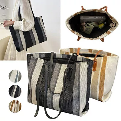 Ladies Canvas Striped Large Capacity Handbag Tote Shoulder Bag Zip Computer Bags • £9.95