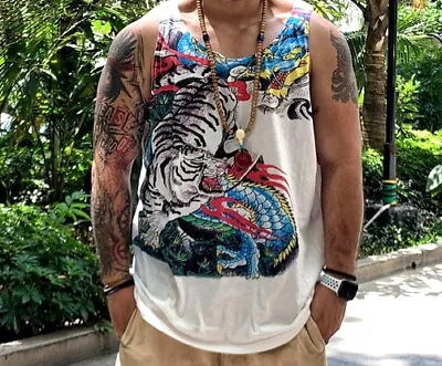 Mens Tank Top Japanese Pattern Tattoo Printing Dragon Tiger Sleeveless T-Shirt • $39.99