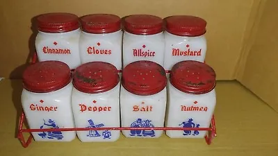 $99.99 • Buy Vintage Antique McKee Dutch Milk Glass Spice Jars Bottles And Rack Set Of 8