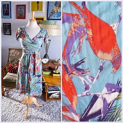 Retro Dress 1940s Style Blue Parrot Tropical Floral Wrap Pinup M L 40s • $50