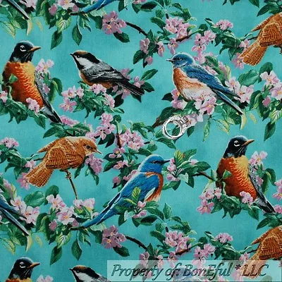 BonEful Fabric FQ Cotton Quilt Blue Bird Pink Flower Green Leaf Scenic Easter US • $4.90