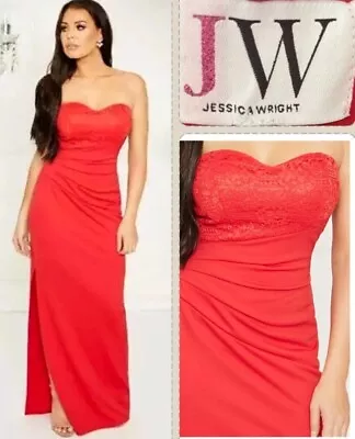 Jessica Wright Red Maxi Dress 10 Lace Side Slit Evening Wedding Occasion Party  • £34.99