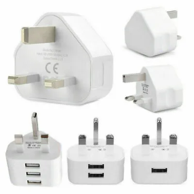 Mains 3 Pin Plug Adapter Wall Charger 1/2/3-Port Dual USB For Phones Tablets */ • £1.99