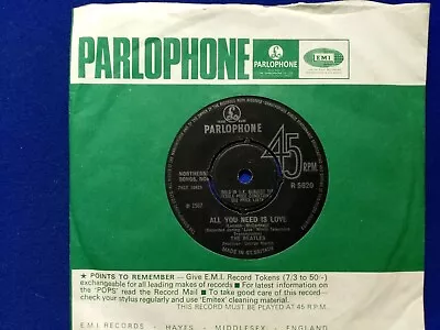 Beatles All You Need Is Love/Rich Man 1967 UK Parlophone Records 7  R 5620. • £2