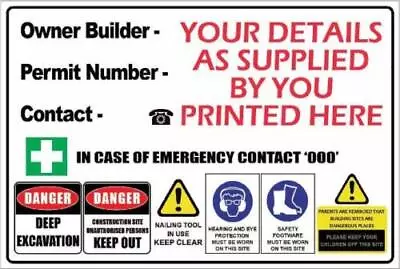 Owner Builder Construction Site Safety - Various Sizes Sign & Sticker Options - • $282.45