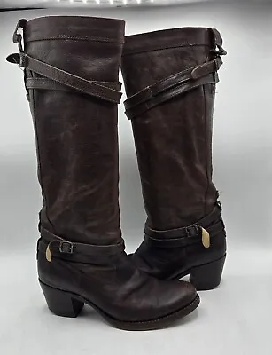 Frye Women's Size 7.5 Jane Strappy Brown Leather Tall Riding Heeled Boots • $75