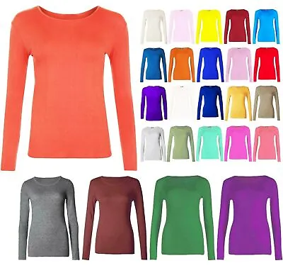 Ladies Plain Tshirt Womans Long Sleeve Scoop Neck T Shirt Top Plus Size Uk 8-26 • £6.29