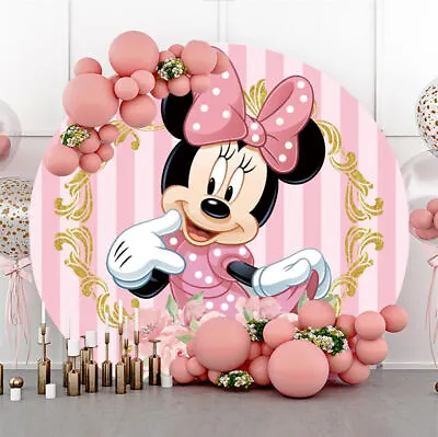 Round Minnie Mouse Backdrop Cover Girls Happy Birthday Photo Background Banner • $29.83