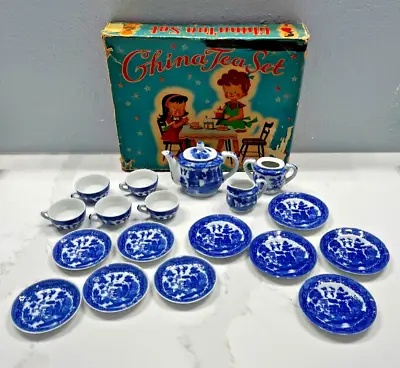 Vintage Child's Tea Set Pottery Blue Willow Asian Set Toy Made In Japan W/ Box • $45