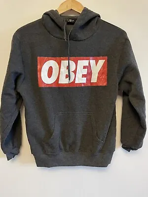 Boys OBEY Grey Hoodie Jumper Size 12 Year Casual Streetwear Pocket Hood Pullover • $11.97