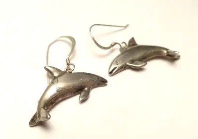 Vintage Dolphin Sea Life Dangle Earrings Sterling Silver 925 • $13.58